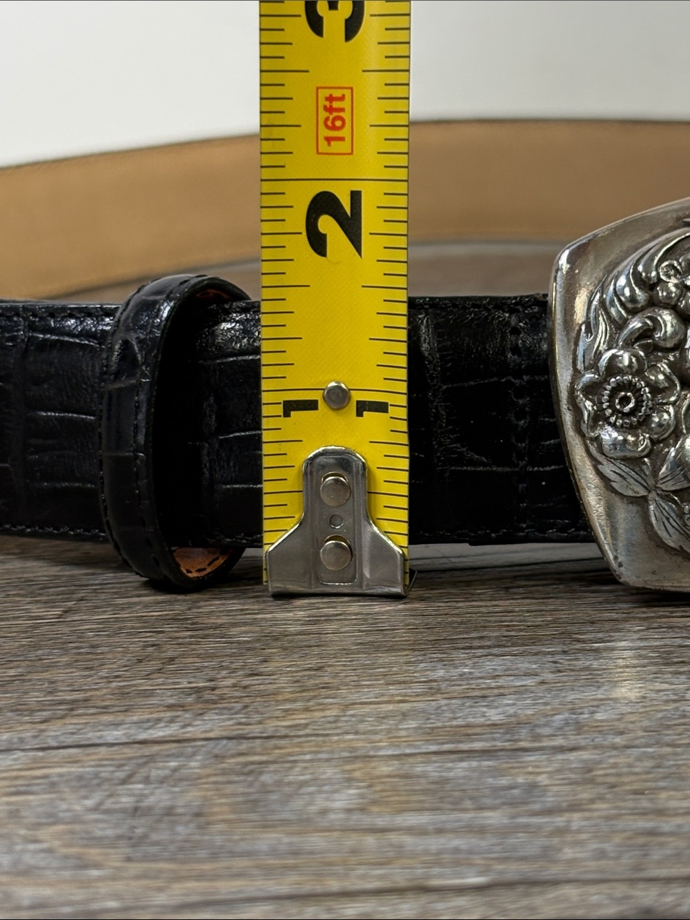 Brighton Black Croc-Embossed Leather Belt with Floral Silver-Tone Buckle Size L - Picture 8 of 8